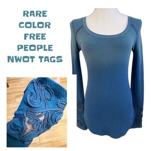 RARE COLOR Free People Teal Ombré Masquerade Cuff Thermal Top NWOT SZ M